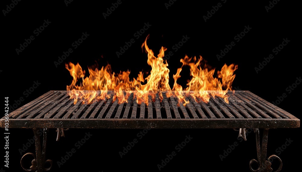Obraz premium Portable barbecue grill with flames and glowing charcoal against dark background