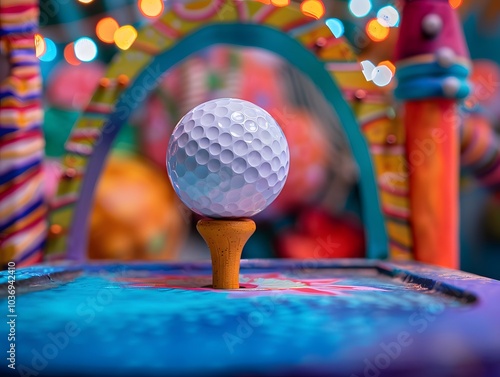 A colorful miniature golf scene featuring a golf ball on a tee in a vibrant setting.