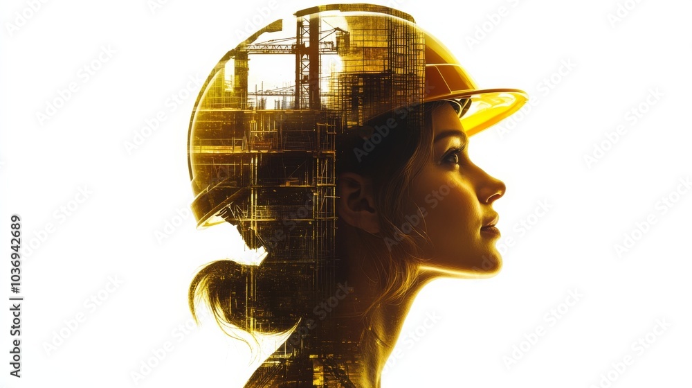 a double exposure showing a woman in a construction helmet a double exposure showing a woman in a construction helmet