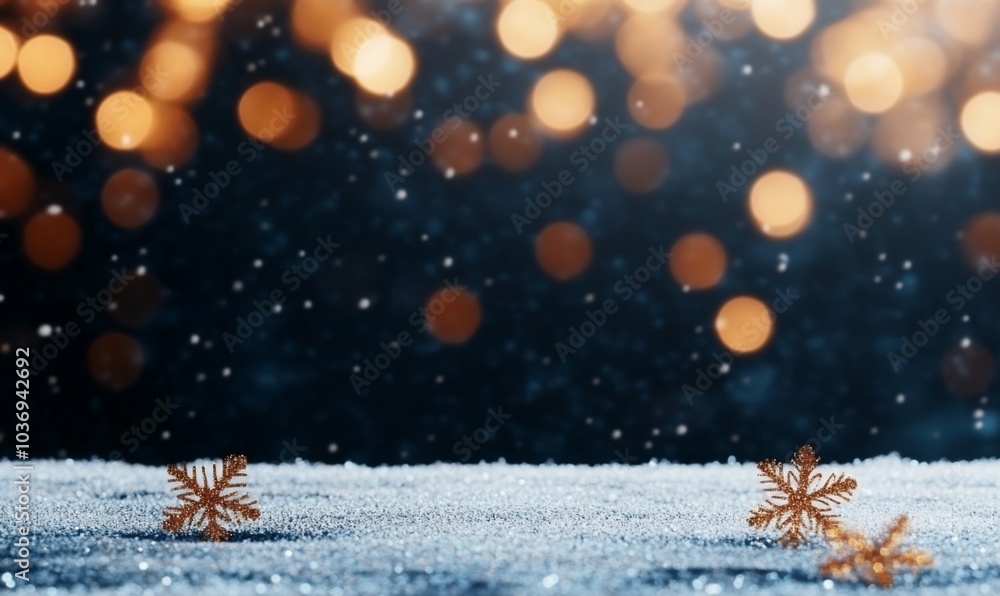 A snowy landscape with sparkling lights and snowflakes. A snowy landscape with sparkling lights and snowflakes.