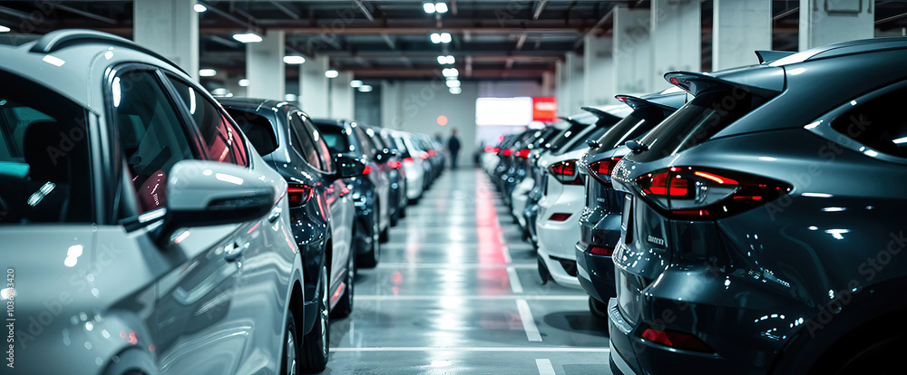 Fototapeta premium car dealership with multiple vehicles parked under bright lights automotive showroom sales concept