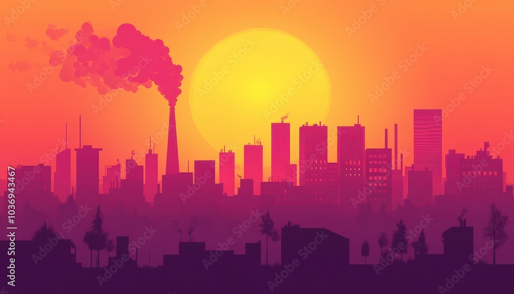 Fototapeta premium City skyline at sunset highlighting air pollution and global warming effects