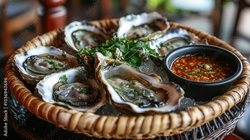 Large steamed oysters served on a stylish shell platter, garnished with fresh herbs and a zesty dipping sauce in a woven bowl. Large steamed oysters served on a stylish shell platter, garnished with fresh herbs and a zesty dipping sauce in a woven bowl.