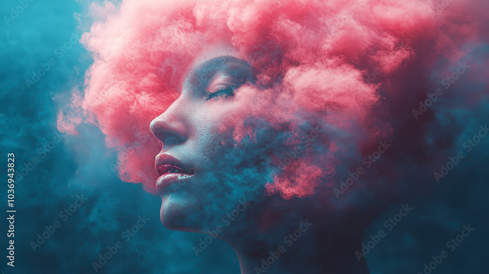 Surreal dreamlike concept of man's head replaced with pink cloud, representing imaginative and dreamy state of mind Surreal dreamlike concept of man's head replaced with pink cloud, representing imaginative and dreamy state of mind