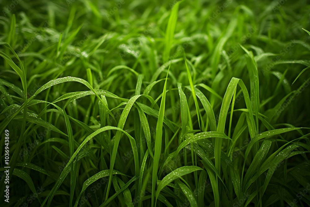 Lush green grass with droplets, evoking a fresh and vibrant natural environment. Lush green grass with droplets, evoking a fresh and vibrant natural environment.