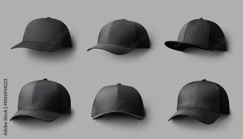 Blank black baseball caps on a neutral background for design templates Blank black baseball caps on a neutral background for design templates