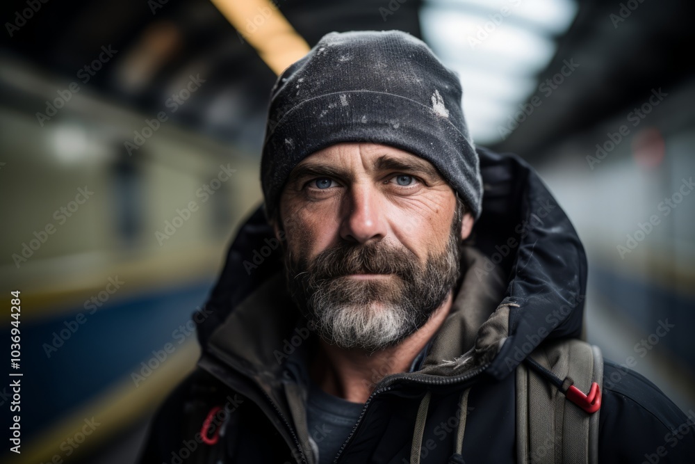Portrait of an old man with gray beard and mustache on a train station. Portrait of an old man with gray beard and mustache on a train station.