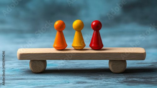 Red and Yellow Pawn Figures Balancing on Wooden Seesaw Symbolizing Balance and Teamwork Concepts