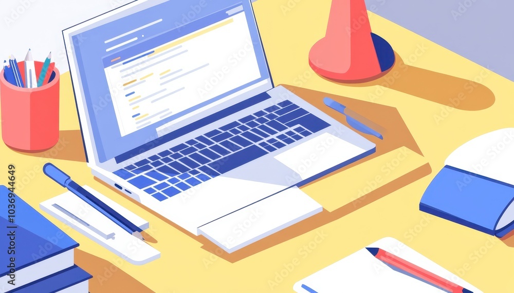 A laptop on a desk surrounded by stationery in a bright workspace for coding A laptop on a desk surrounded by stationery in a bright workspace for coding