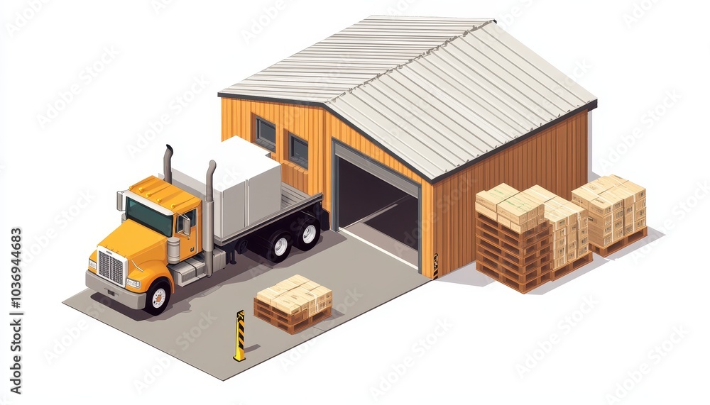 Logistics distribution center with truck unloading pallets at retail warehouse Logistics distribution center with truck unloading pallets at retail warehouse