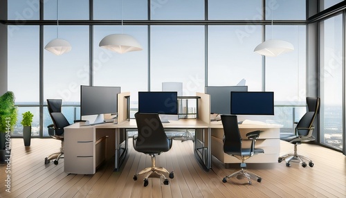 Modern office interior with desks and computers. 3D Rendering