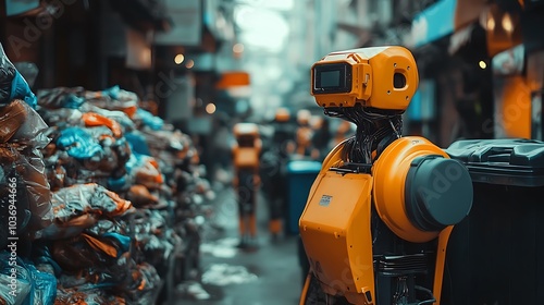 A yellow robot stands in an alleyway, surrounded by trash and other robots.