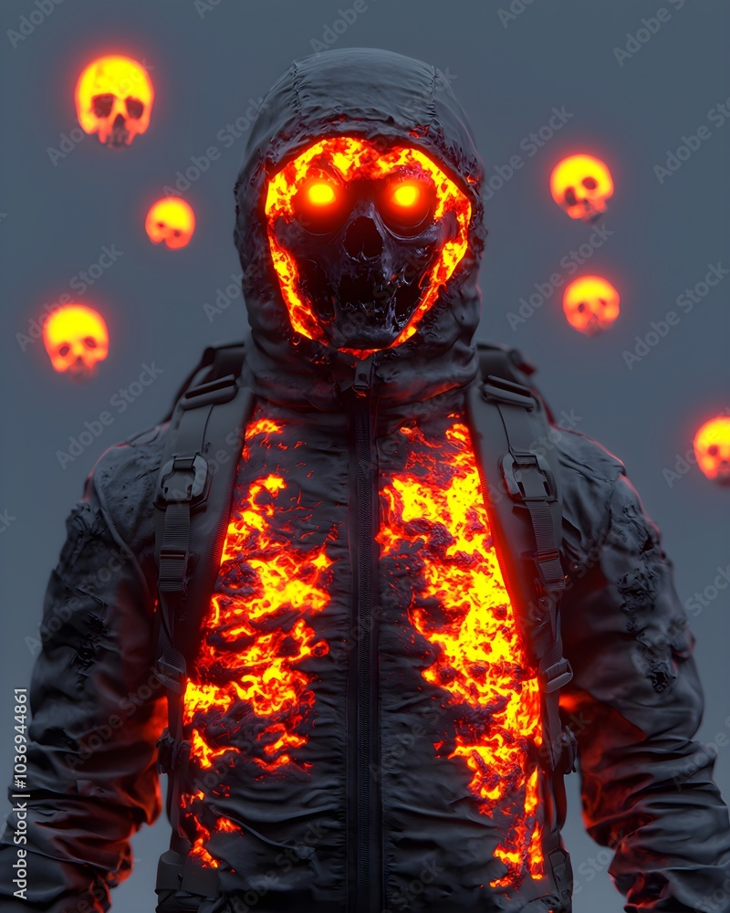 Fiery skull figure with glowing eyes and molten core Fiery skull figure with glowing eyes and molten core
