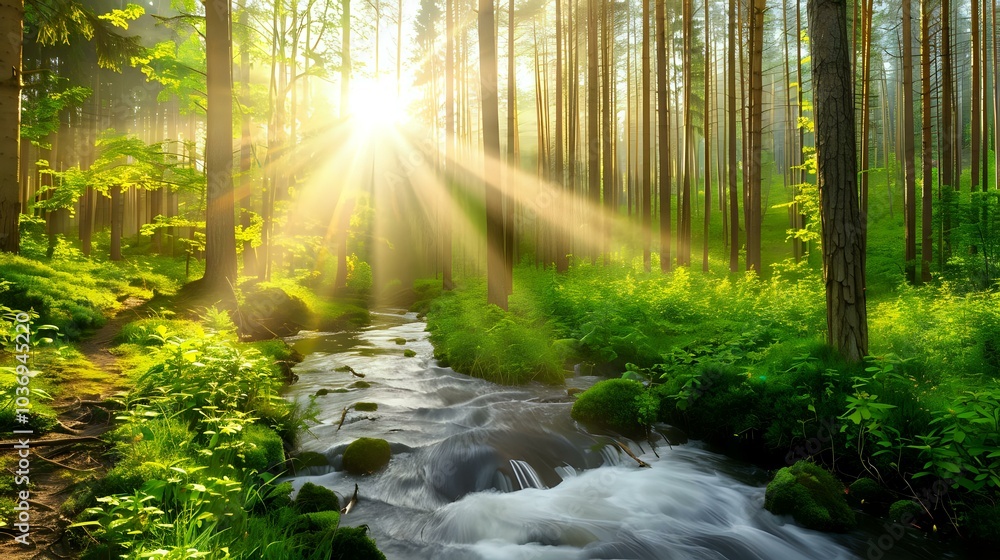 Obraz premium A serene forest scene with sunlight streaming through trees and a flowing stream.
