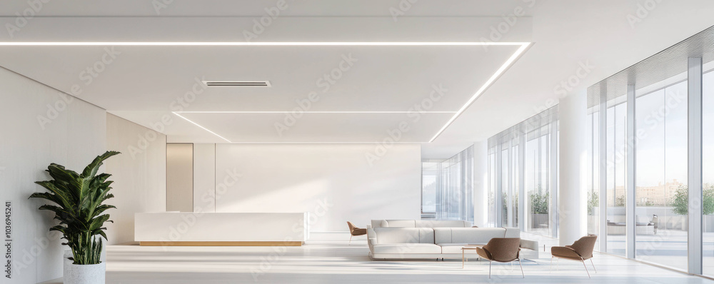 Modern office lounge featuring smooth white ceiling, large windows, and minimalist furniture. space is bright and inviting, perfect for relaxation or informal meetings Modern office lounge featuring smooth white ceiling, large windows, and minimalist furniture. space is bright and inviting, perfect for relaxation or informal meetings