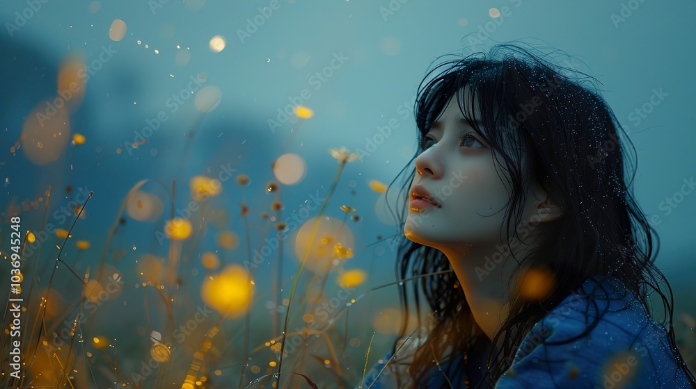Woman Gazing Up at the Rain in a Field of Flowers Woman Gazing Up at the Rain in a Field of Flowers