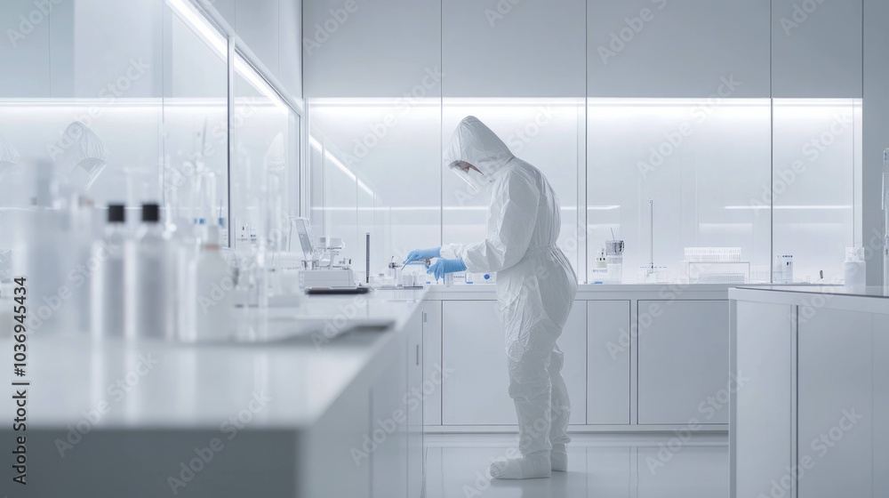 scientist in protective suit works diligently in modern laboratory, surrounded by various glassware and equipment, ensuring safety and precision in their research scientist in protective suit works diligently in modern laboratory, surrounded by various glassware and equipment, ensuring safety and precision in their research