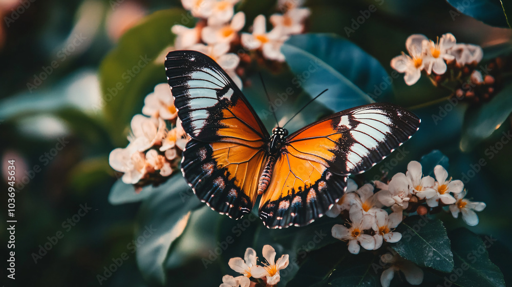 A vibrant butterfly resting on a flowering shrub, showcasing the beauty of nature in close-up detail. A vibrant butterfly resting on a flowering shrub, showcasing the beauty of nature in close-up detail.