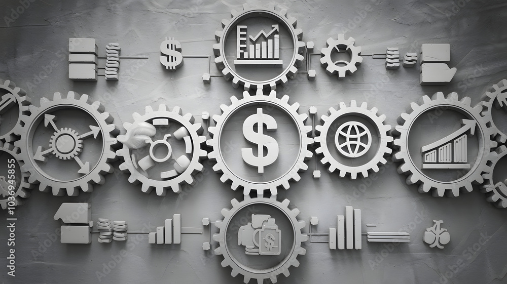 A 3D flowchart built out of gears and financial symbols, symbolizing the workflow of a business process. ( Business Concept ) A 3D flowchart built out of gears and financial symbols, symbolizing the workflow of a business process. ( Business Concept )
