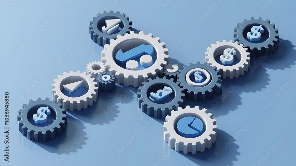 A 3D flowchart built out of gears and financial symbols, symbolizing the workflow of a business process. ( Business Concept ) A 3D flowchart built out of gears and financial symbols, symbolizing the workflow of a business process. ( Business Concept )