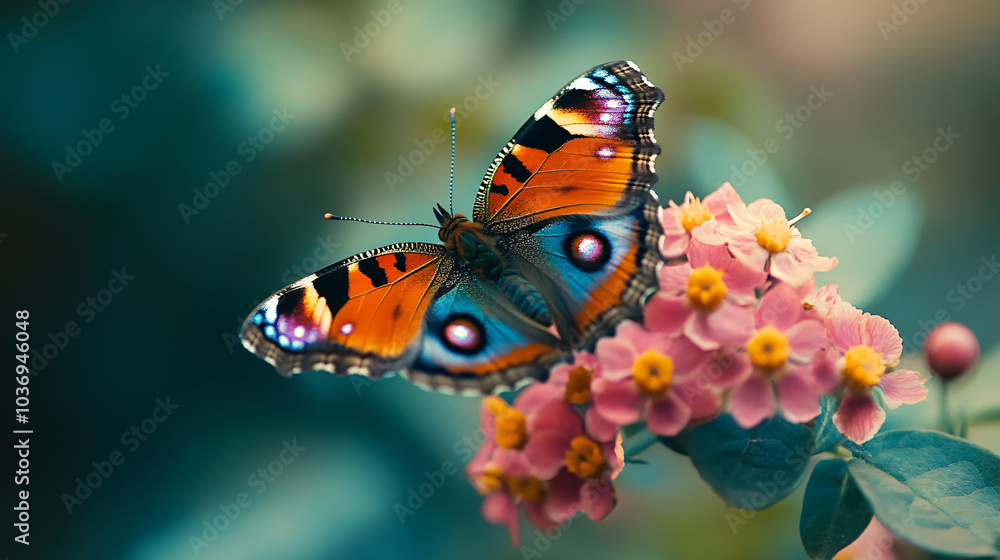 A vibrant butterfly resting on a flowering shrub, showcasing the beauty of nature in close-up detail. A vibrant butterfly resting on a flowering shrub, showcasing the beauty of nature in close-up detail.