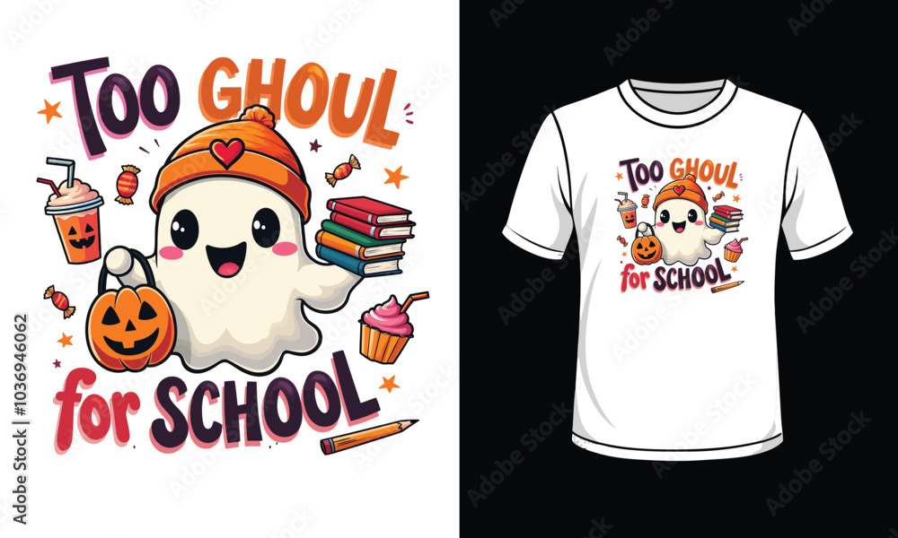 Halloween theme t-shir cute ghost mascot, orange pumpkin hat, school books, pencil, apple ,text Halloween theme t-shir cute ghost mascot, orange pumpkin hat, school books, pencil, apple ,text