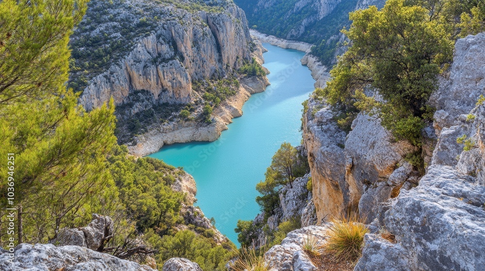 Scenic View of a Turquoise River Between Rocky Cliffs Scenic View of a Turquoise River Between Rocky Cliffs