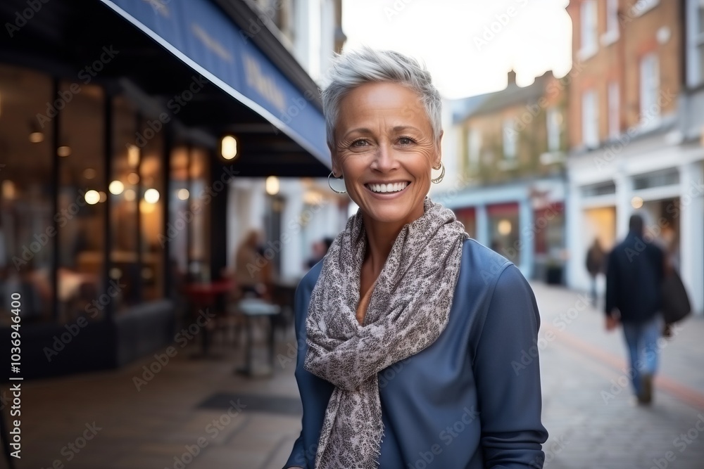 Portrait of a happy senior woman walking in a street at dusk Portrait of a happy senior woman walking in a street at dusk