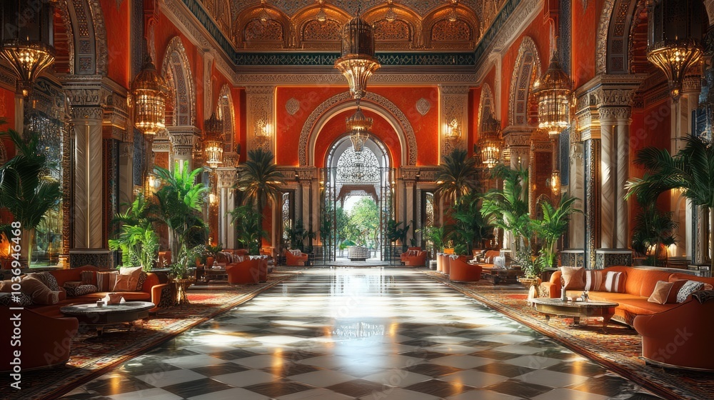 Fototapeta premium Luxurious Arabian Palace Interior with Checkered Floor