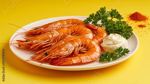 A plate of Carabineros prawns served with aioli, isolated on a bright yellow background with decorative paprika and parsley sprigs