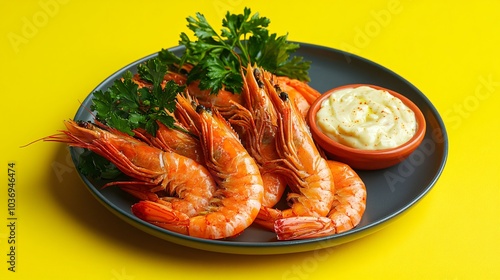 A plate of Carabineros prawns served with aioli, isolated on a bright yellow background with decorative paprika and parsley sprigs
