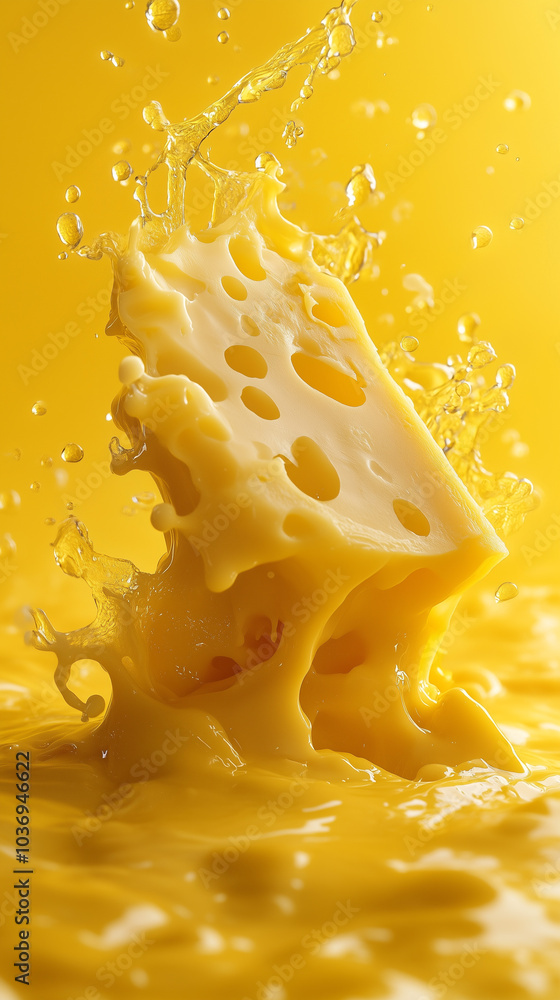 In the center is a large and beautiful piece of cheese and many splashes of melted cheese. Food illustration. Unusual picture for cheese advertising. In the center is a large and beautiful piece of cheese and many splashes of melted cheese. Food illustration. Unusual picture for cheese advertising.