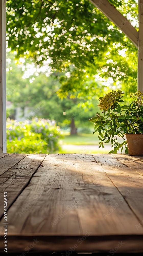 Rustic Farmhouse Porch with Lush Garden Backdrop for Artisanal Product Display