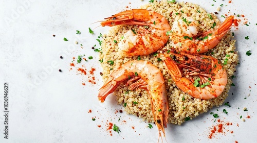 Carabineros prawns atop a bed of quinoa, isolated on a light grey stone background with a sprinkle of paprika and herbs