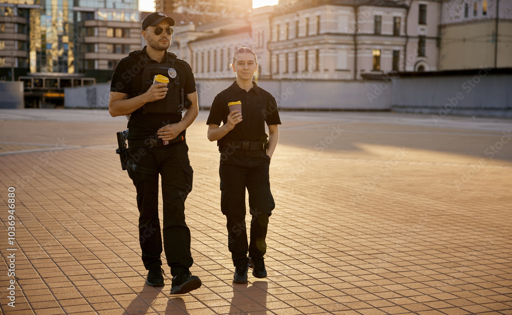Obraz premium Happy smiling male and female patrol police officers enjoying lunch break