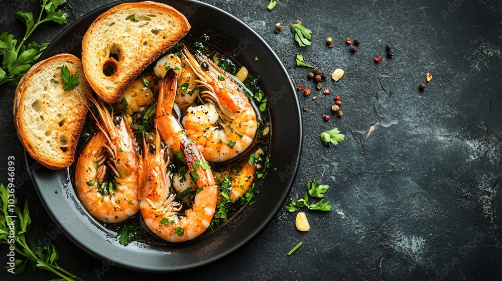 Carabineros prawns in a garlic butter sauce, isolated on a dark textured background with garnished herbs and toasted bread Carabineros prawns in a garlic butter sauce, isolated on a dark textured background with garnished herbs and toasted bread