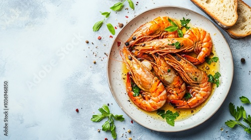 Carabineros prawns in a garlic butter sauce, isolated on a pale blue background with fresh herbs and toasted bread on the side