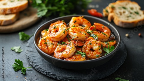 Carabineros prawns in a garlic butter sauce, isolated on a dark textured background with garnished herbs and toasted bread