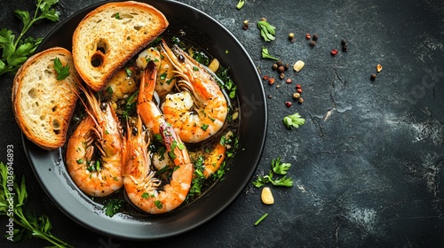 Carabineros prawns in a garlic butter sauce, isolated on a dark textured background with garnished herbs and toasted bread