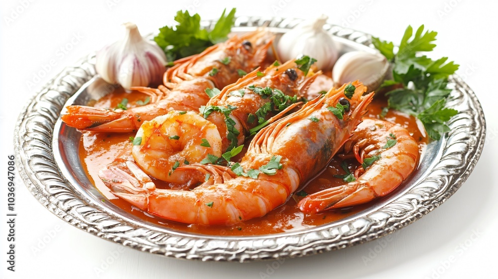 Carabineros prawns in a spicy tomato sauce, isolated on a silver plate with decorative garlic cloves and fresh parsley on a white backdrop Carabineros prawns in a spicy tomato sauce, isolated on a silver plate with decorative garlic cloves and fresh parsley on a white backdrop