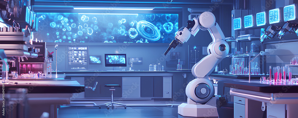 Sterile biotechnology lab with robotic systems handling genetic samples, futuristic research Sterile biotechnology lab with robotic systems handling genetic samples, futuristic research