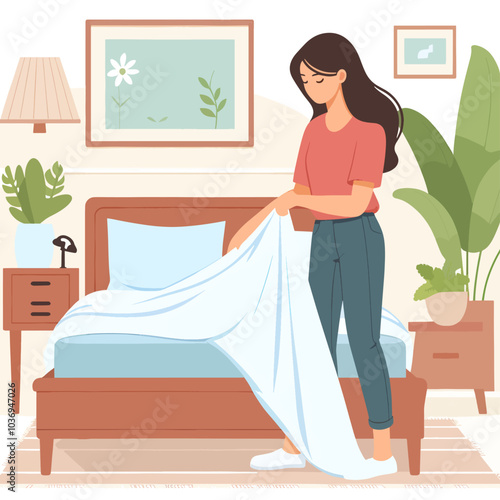A woman is making her bed with a white sheet