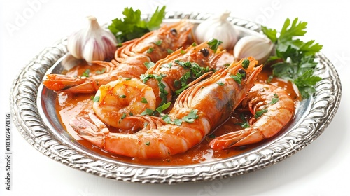 Carabineros prawns in a spicy tomato sauce, isolated on a silver plate with decorative garlic cloves and fresh parsley on a white backdrop
