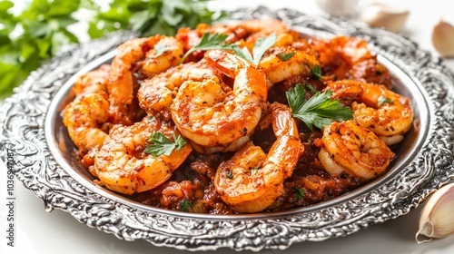 Carabineros prawns in a spicy tomato sauce, isolated on a silver plate with decorative garlic cloves and fresh parsley on a white backdrop