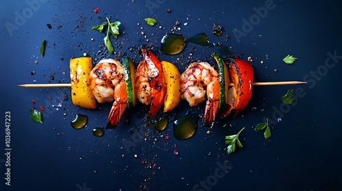 Carabineros prawns on a skewer with grilled vegetables, isolated on a dark blue background with charred herbs and olive oil drizzles