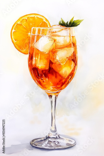 Watercolor depiction of a glass of Aperol Spritz cocktail with ice cubes and an orange slice