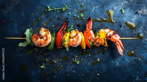 Carabineros prawns on a skewer with grilled vegetables, isolated on a dark blue background with charred herbs and olive oil drizzles