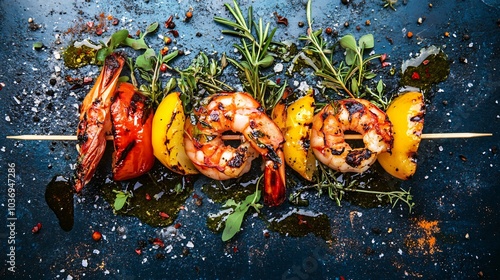 Carabineros prawns on a skewer with grilled vegetables, isolated on a dark blue background with charred herbs and olive oil drizzles