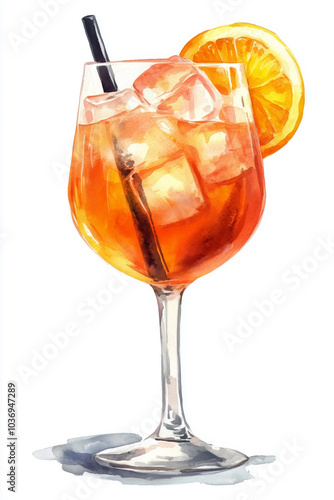 Watercolor depiction of a glass of Aperol Spritz cocktail with ice cubes and an orange slice
