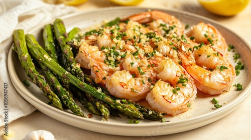 Carabineros prawns plated with roasted asparagus, isolated on a light tan background with fresh garlic cloves and lemon zest